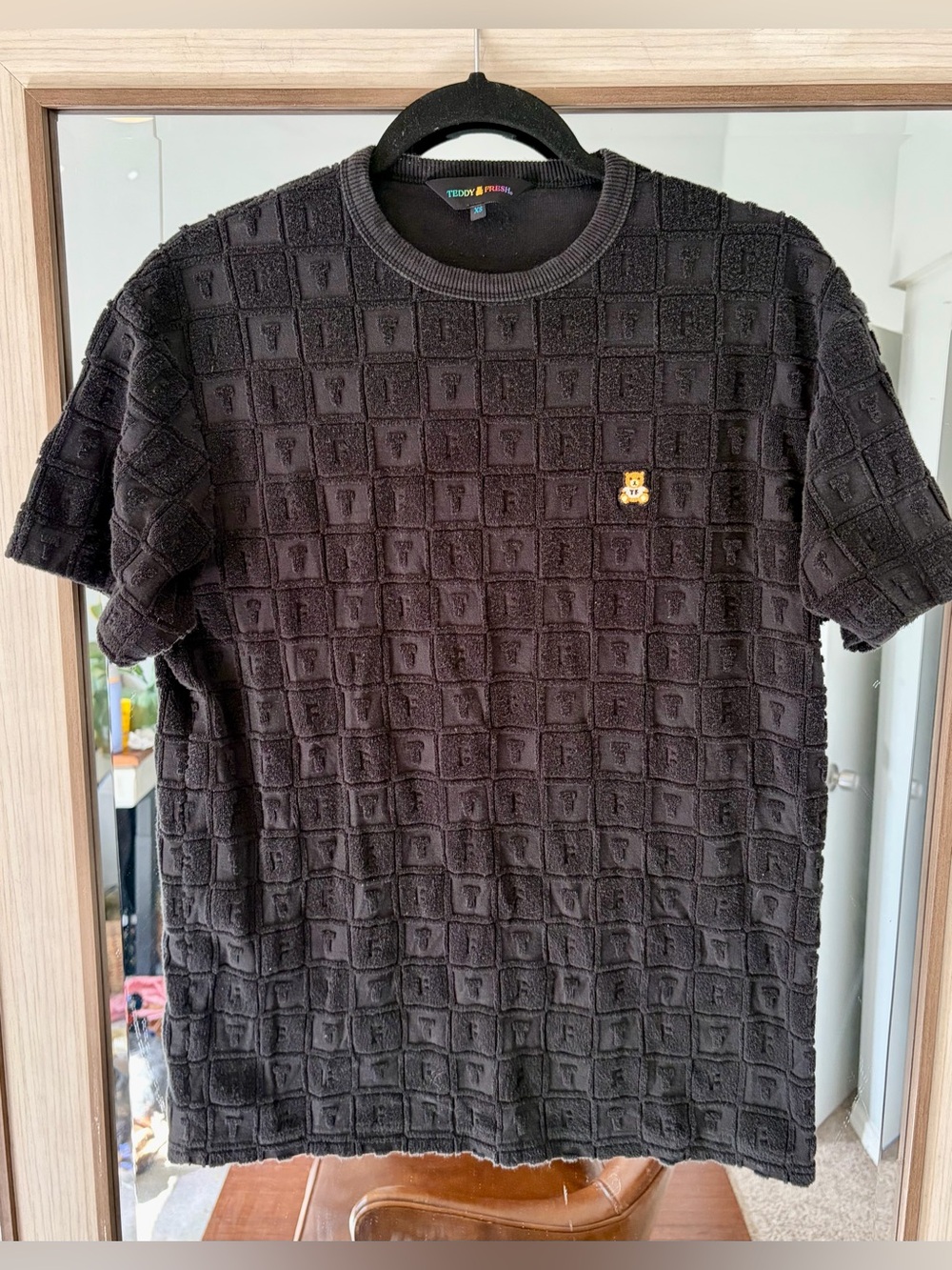 Teddy Fresh Terry Jacquard Men T-Shirt Black Crew Neck Short Sleeve size XS